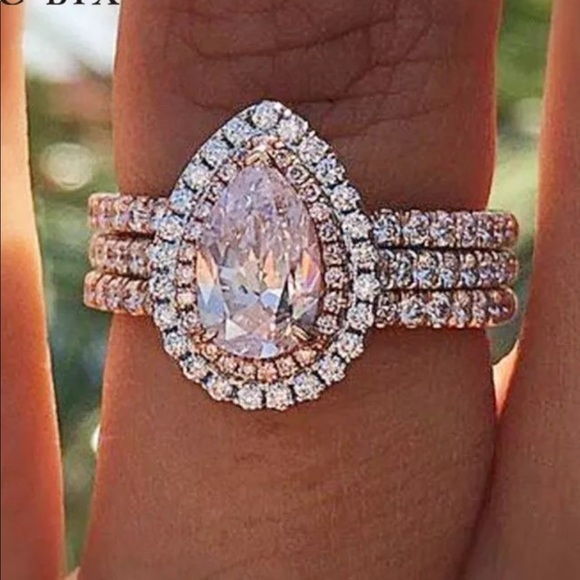 Women Pink Water Drop Cubic Zirconia 3 Layers Ring - Picture 5 of 5